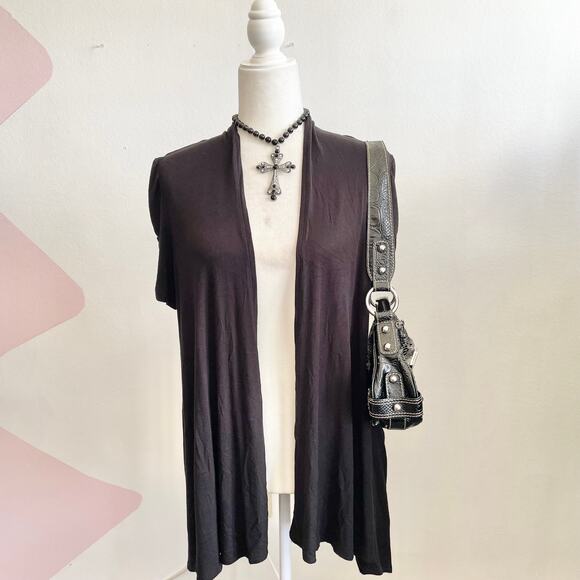Black Short Sleeve Cardigan Knit Top Vintage Gothic Minimalist Large - Picture 1 of 7